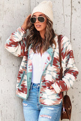 Western Aztec Buttoned Zipper Pockets Fleece Jacket