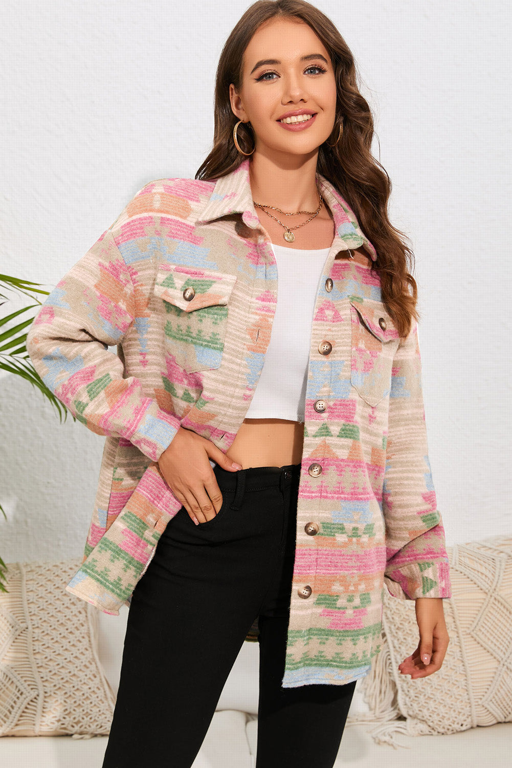 Western Aztec Print Button Flap Pocket Shacket