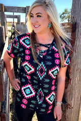 Western Fashion Aztec Print Crisscross V Neck Top