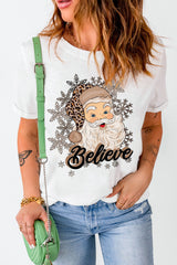 White Believe Santa Claus Snowflake Print Crew Neck T Shirt