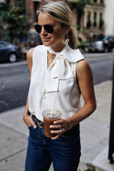 White Bow Tie V Neck Sleeveless Shirt