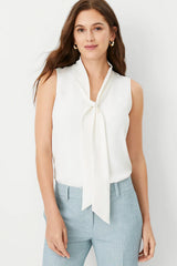 White Bow Tie V Neck Sleeveless Shirt