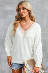 White Cable Puff Sleeve Lace V Neck Sweater