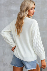 White Cable Puff Sleeve Lace V Neck Sweater