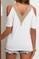 White Contrast Guipure Lace Cold Shoulder Tee