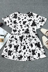 White Cow Spots Print V Neck Ruffled Casual Blouse