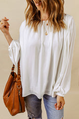 White Crew Neck Billowy Sleeve Blouse
