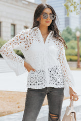 White Crochet Lace Hollow-Out Turn-Down Collar Shirt