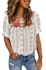 White Floral Embroidered Ethnic Printed Crinkle Blouse