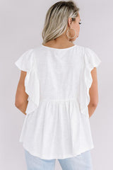 White Floral Embroidered Ruffled Lace-Up V Neck Top