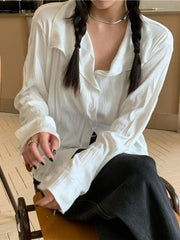 White Wrinkled Textured Baggy Long Sleeve Blouse