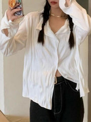 White Wrinkled Textured Baggy Long Sleeve Blouse