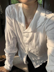 White Wrinkled Textured Baggy Long Sleeve Blouse