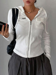 White Zip Up Hooded Cropped Knit Top
