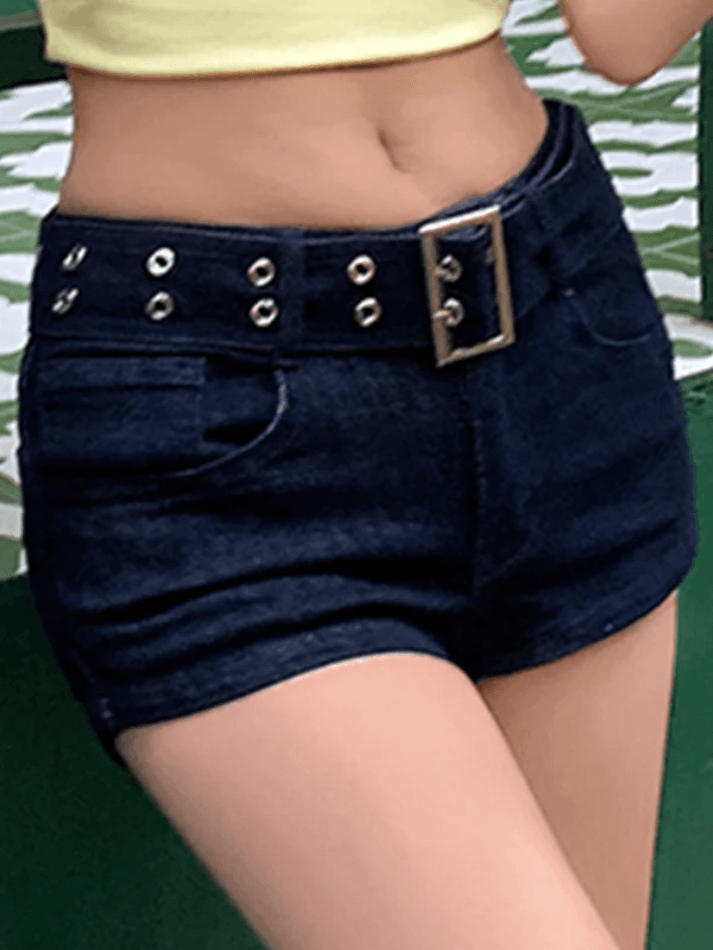 With Metal Hole Belt Slim Fit Denim Shorts