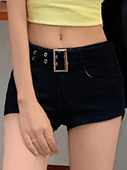 With Metal Hole Belt Slim Fit Denim Shorts