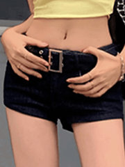 With Metal Hole Belt Slim Fit Denim Shorts
