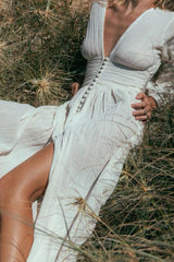 Plunging Button Long Sleeve Maxi Dress