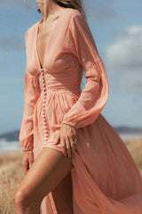 Plunging Button Long Sleeve Maxi Dress