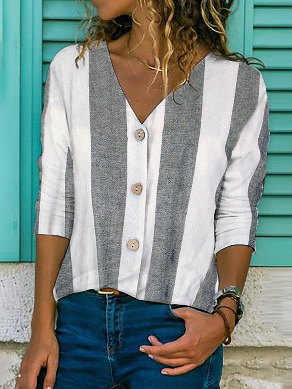 Plus size Striped Casual Long Sleeve Shirts & Tops