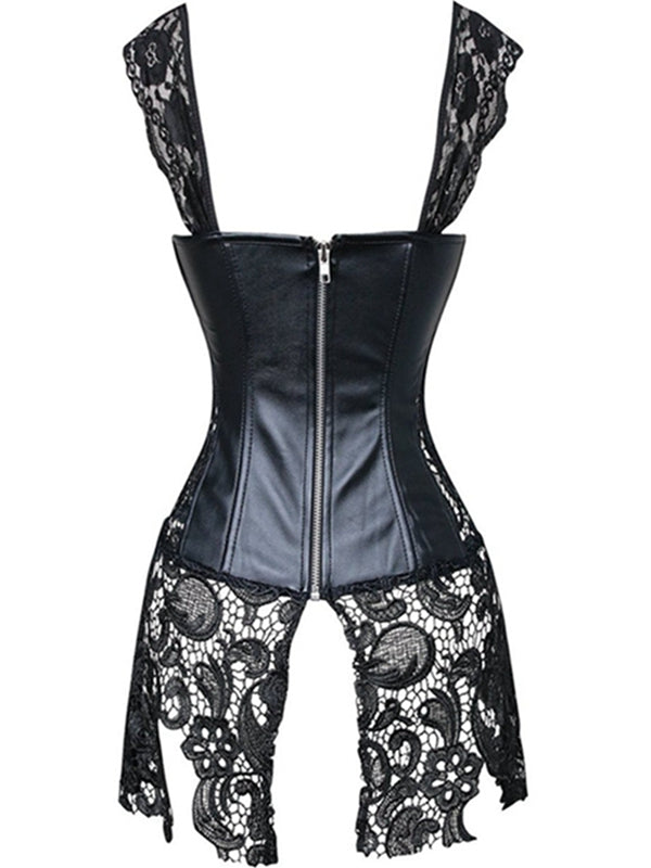Female Lace Pu Faux Leather Zipper Roman Knot Corset Shapewear