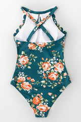 TEAL FLORAL SCALLOPED ONE-PIECE SWIMSUIT