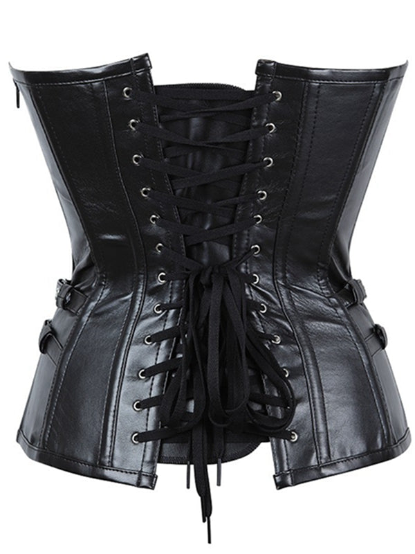 Female Pu Faux Leather Metal Chain Roman-Knot Corset Shapewear