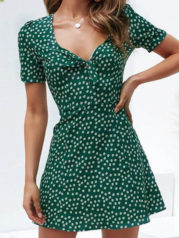 Printed v-neck short sleeve personalized skater dresses