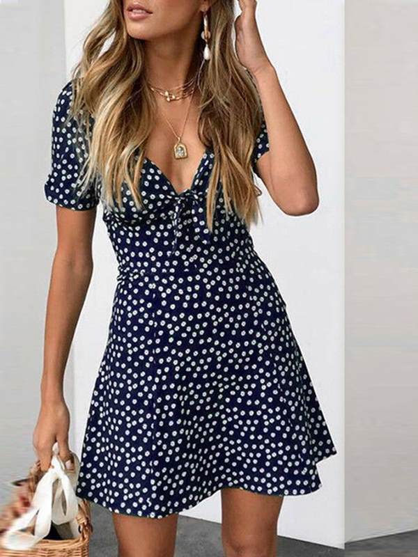 Printed v-neck short sleeve personalized skater dresses