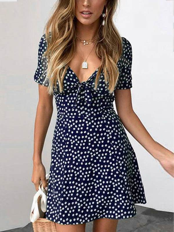 Printed v-neck short sleeve personalized skater dresses