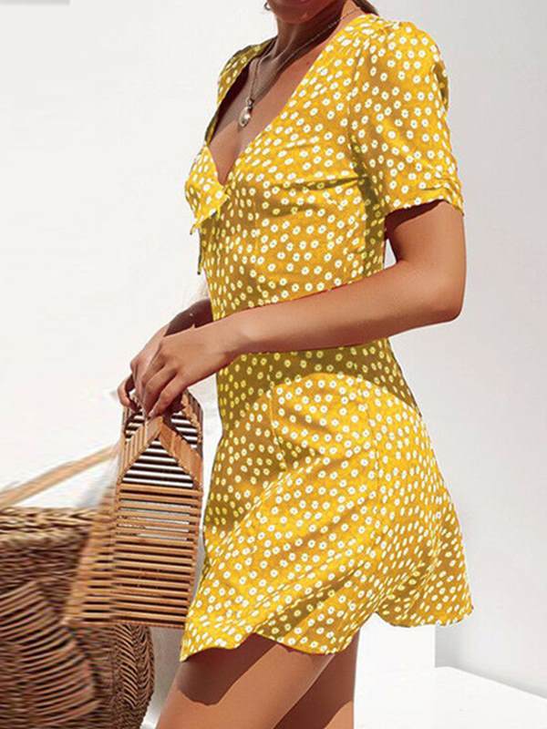 Printed v-neck short sleeve personalized skater dresses