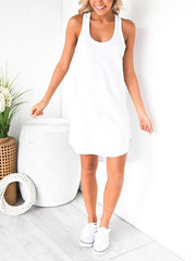 Plain U collar Sleeveless I-back Shift Dress