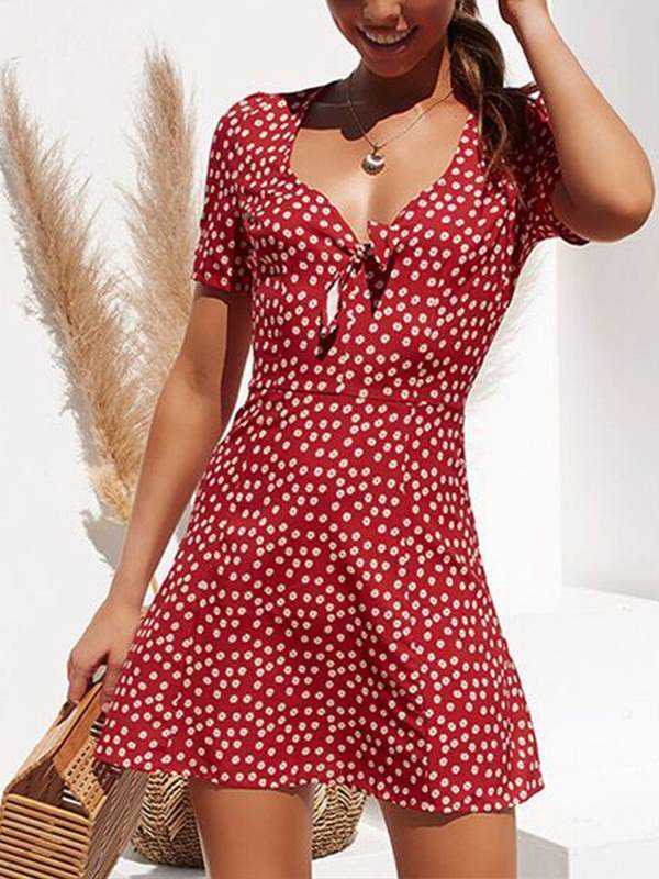 Printed v-neck short sleeve personalized skater dresses