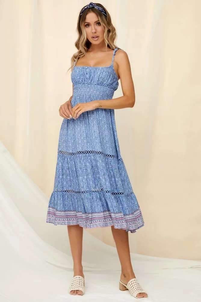 Printed Hollow Split-joint Spaghetti-neck Maxi Dress