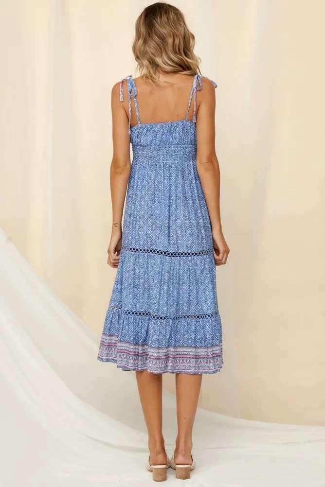 Printed Hollow Split-joint Spaghetti-neck Maxi Dress