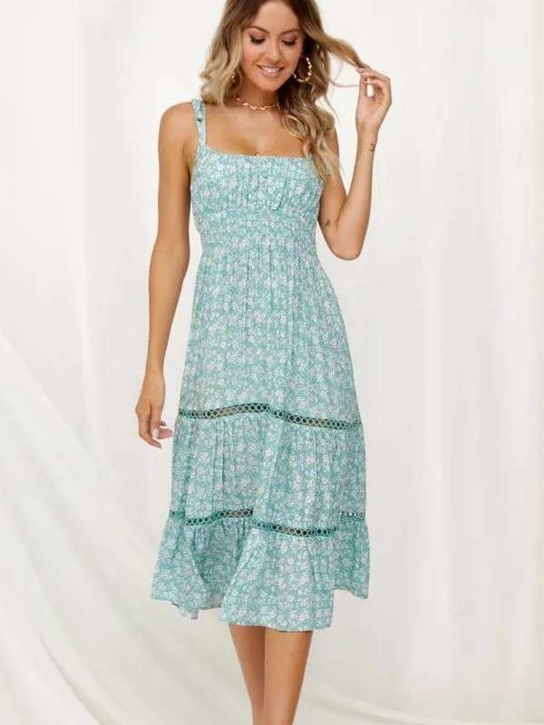 Printed Hollow Split-joint Spaghetti-neck Maxi Dress