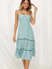 Printed Hollow Split-joint Spaghetti-neck Maxi Dress