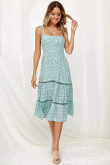 Printed Hollow Split-joint Spaghetti-neck Maxi Dress