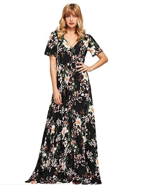 Print V neck Short sleeve Maxi Dresses