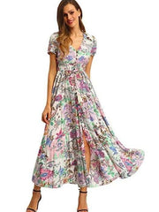 Print V neck Short sleeve Maxi Dresses