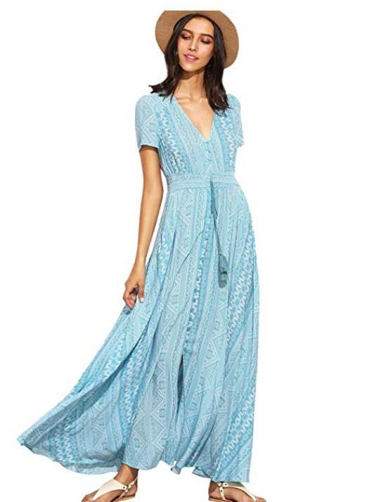Print V neck Short sleeve Maxi Dresses