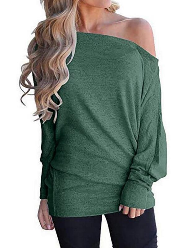 Plain knit long bat sleeve one off shoulder T-shirts