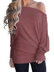 Plain knit long bat sleeve one off shoulder T-shirts