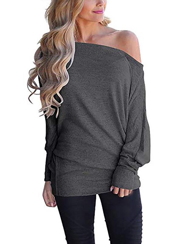 Plain knit long bat sleeve one off shoulder T-shirts