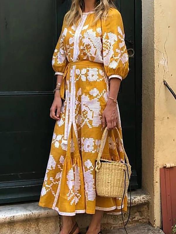 Printed round neck half sleeve women maxi dresses