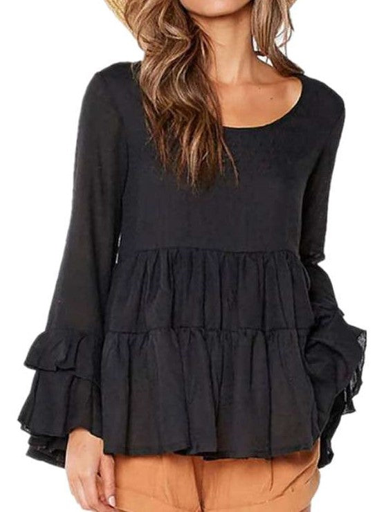 Pure Casual Round neck Gored Plicated Long sleeve T-Shirts