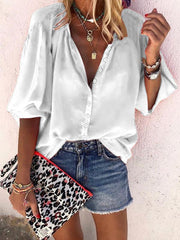 Plain long sleeve v-neck button women Blouses