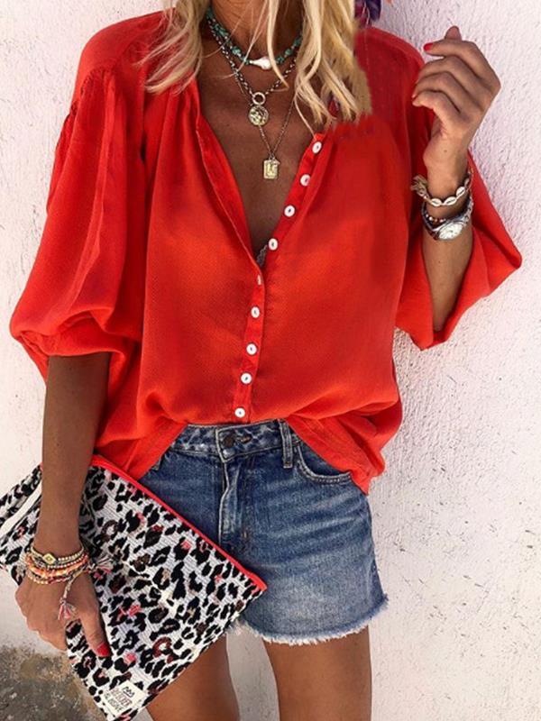 Plain long sleeve v-neck button women Blouses