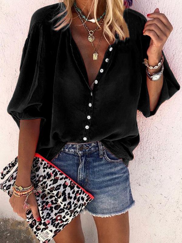 Plain long sleeve v-neck button women Blouses