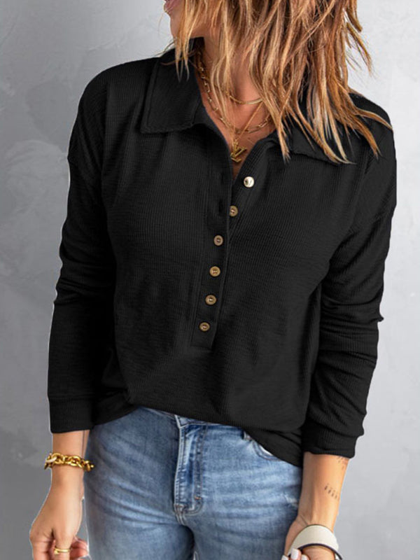 Plain turn down neck button design women blouses